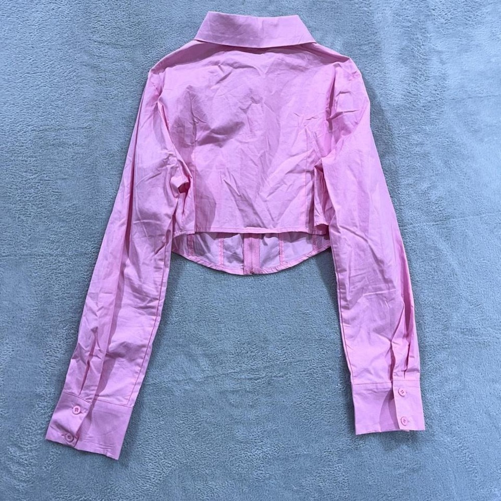 NWT Shein Cropped Shirt Full Zip Long Sleeve Collared Pink Barbie Y2K - Picture 2 of 7